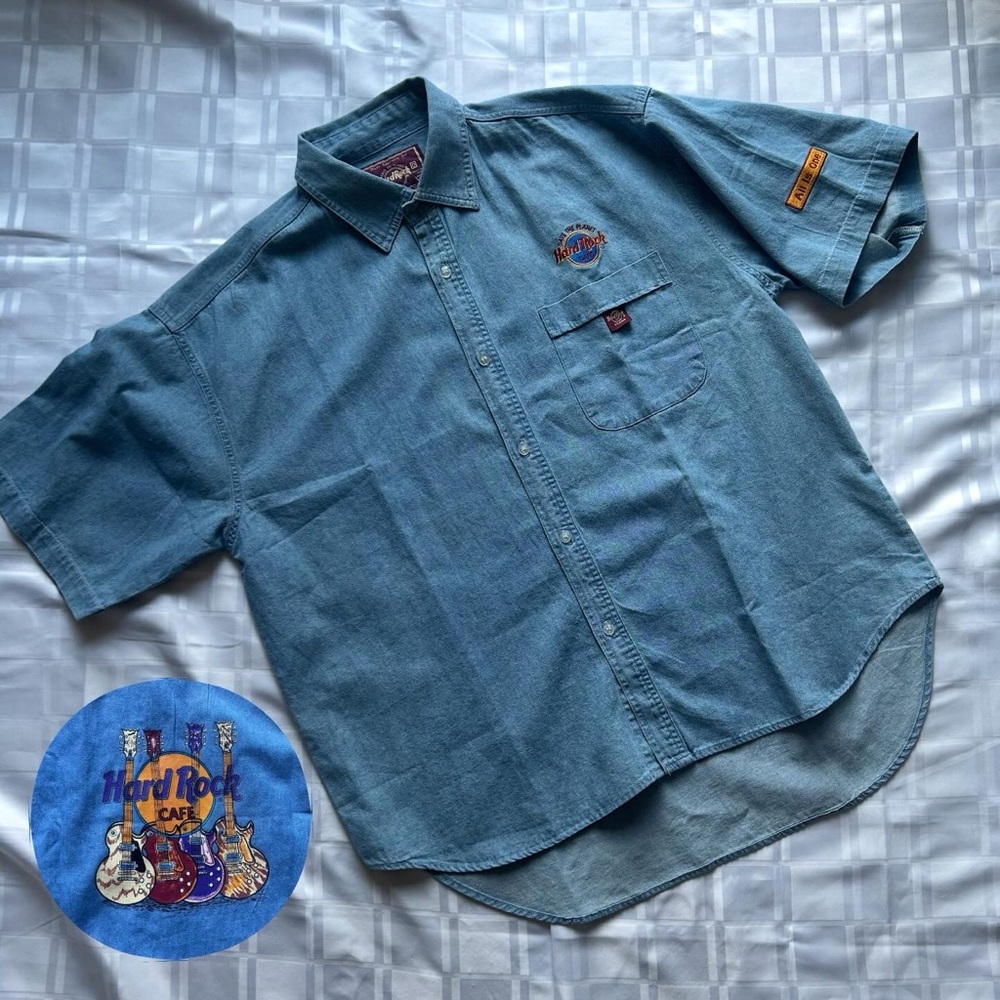 Hard Rock Cafe Vintage Light Blue Denim Casual Button Up T-Shirt